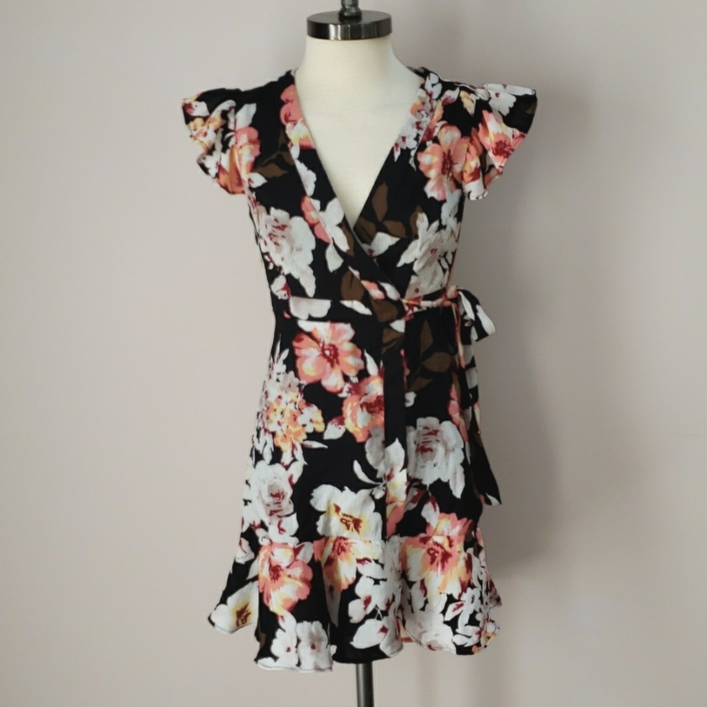 Mi Ami Black, Pink, and White Floral Mini Wrap Dress, Size Small